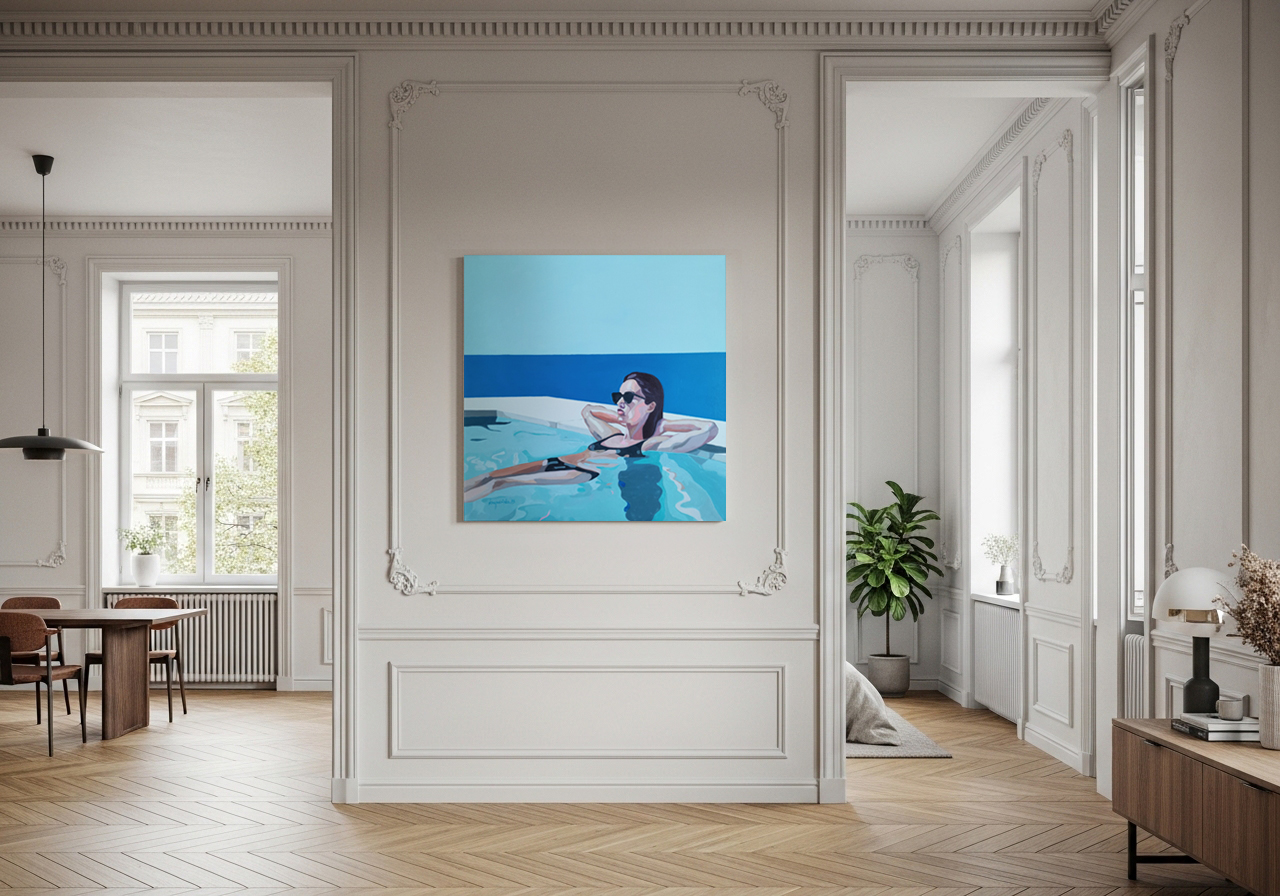 figurative art in home interior, original oil painting for sale, swimming pool, poolside, summer memories