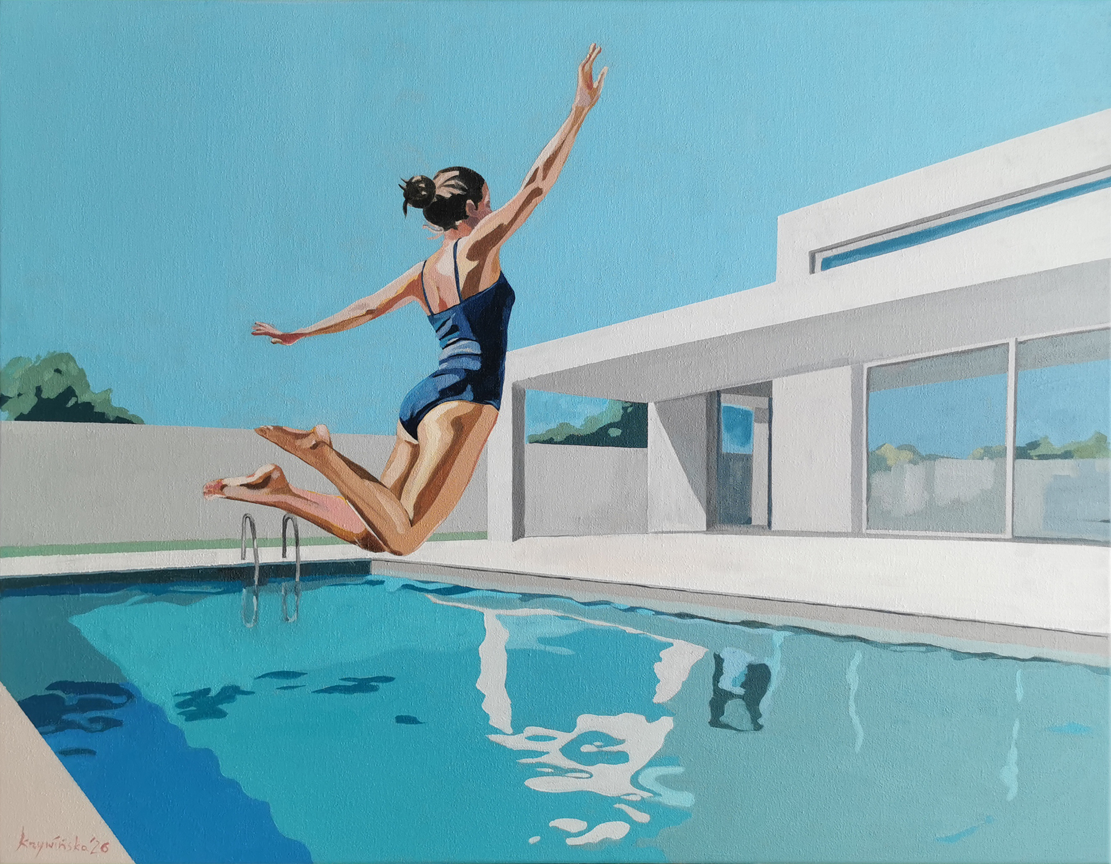 Essence of Now – woman leaping above swimming pool, white modern architecture, oil on canvas Ewa Krzywińska 2026