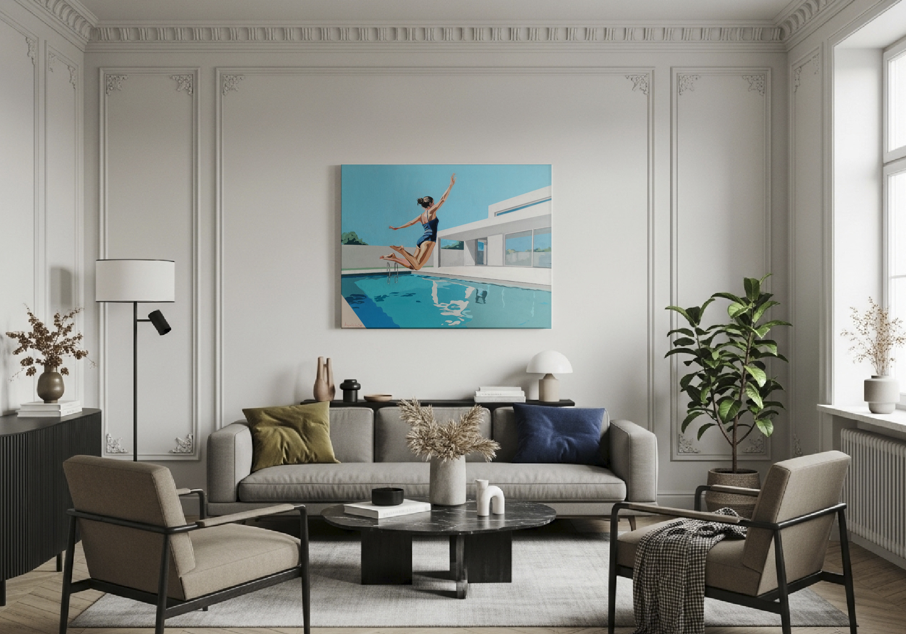 original painting in modern interior, figurative art for living room
