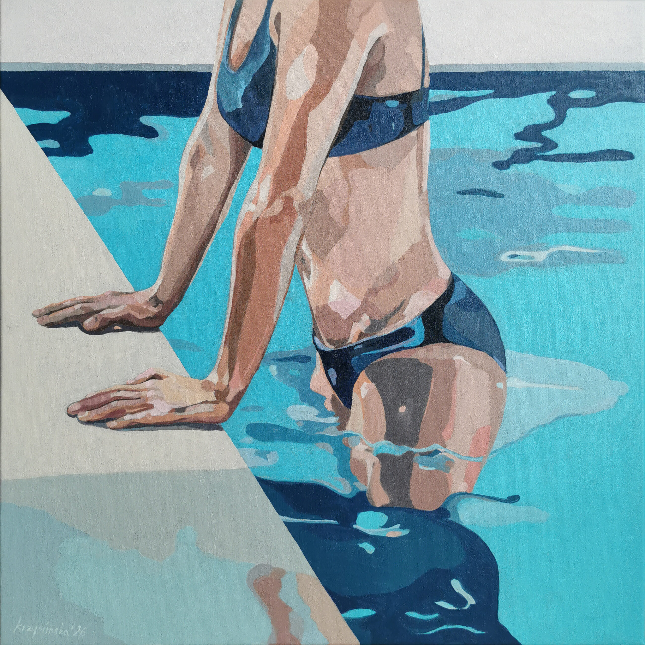 Unrushed – figure crouching at pool edge, hands touching water, oil on canvas Ewa Krzywińska 2026