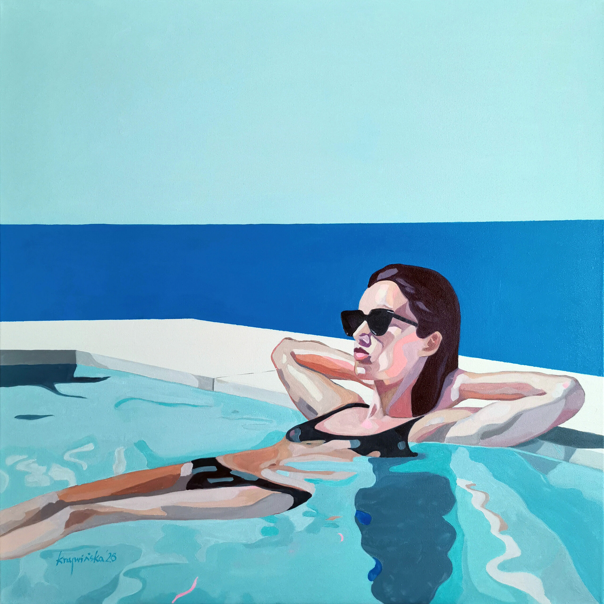 Light in water – woman floating in pool wearing sunglasses, turquoise water, oil on canvas Ewa Krzywińska 2026