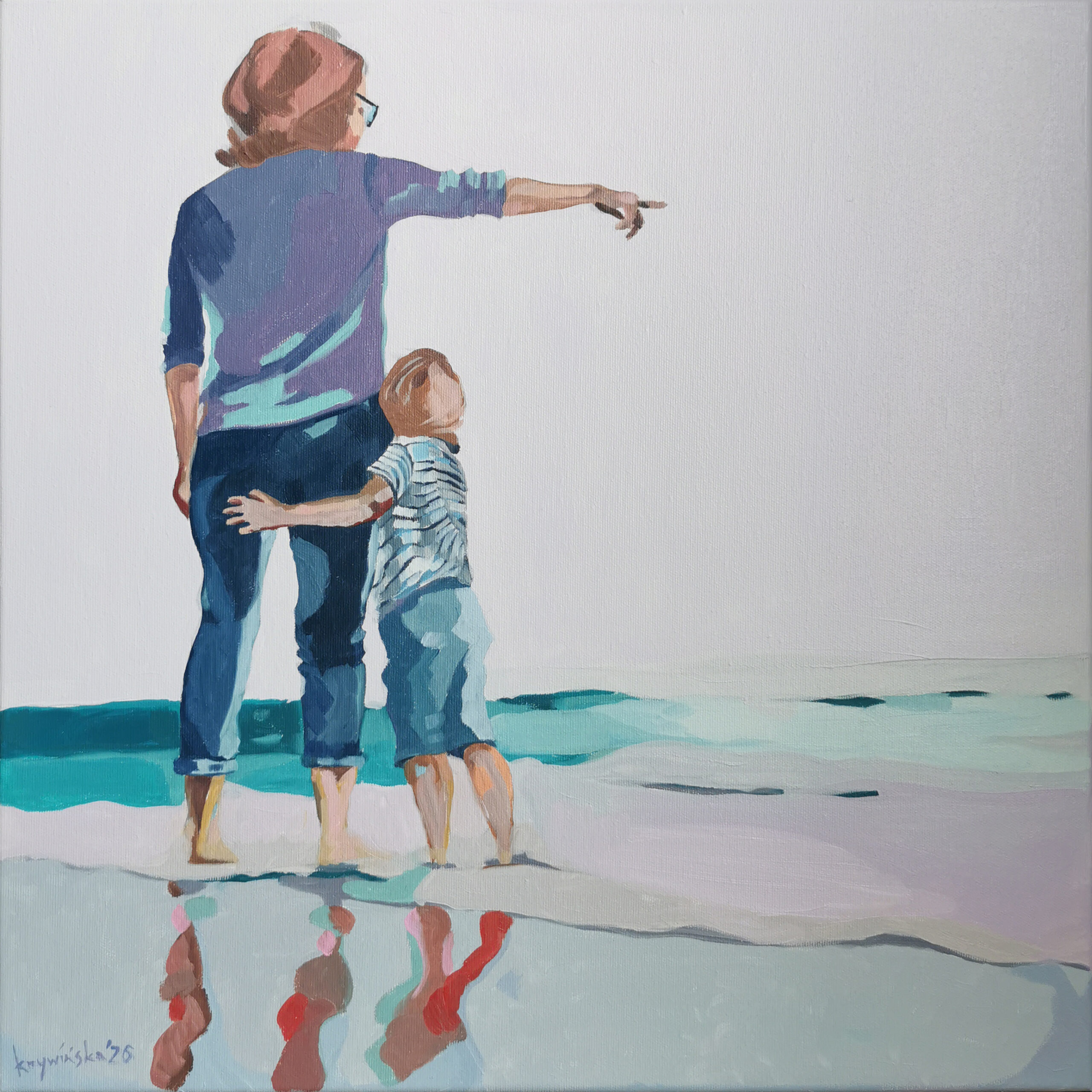 Taking care #31 Family – mother and child at the seaside, pointing gesture, oil on canvas Ewa Krzywińska 2026