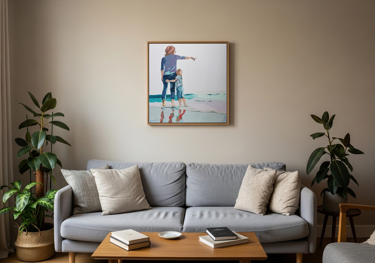 mother and child painting in living room, original art for home