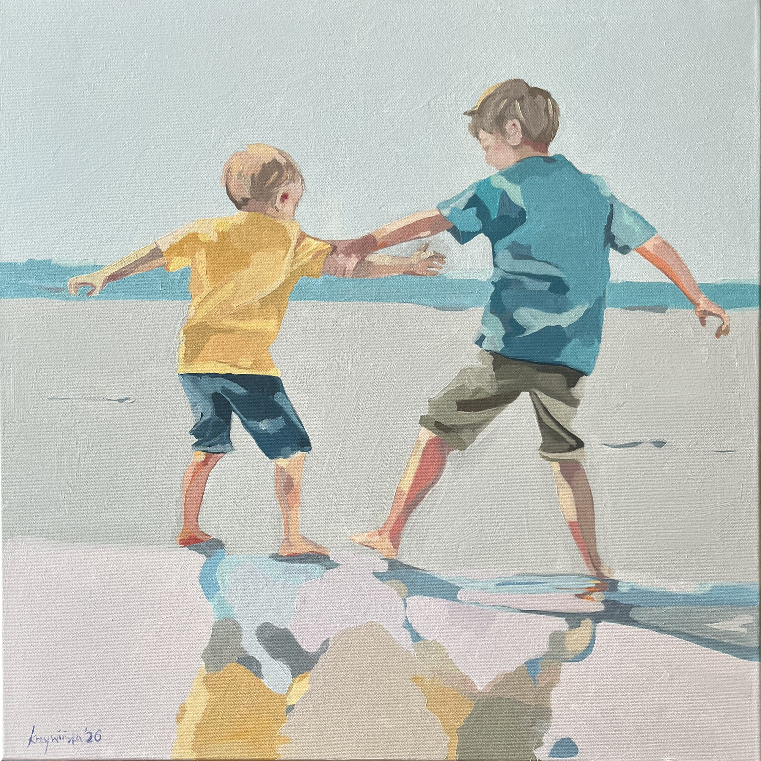Taking care #29 Boys – two boys holding hands on beach, childhood bond, oil on canvas Ewa Krzywińska 2026