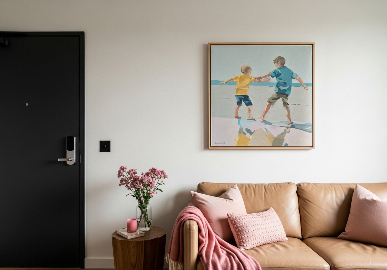 children painting in home interior, original artwork for family room